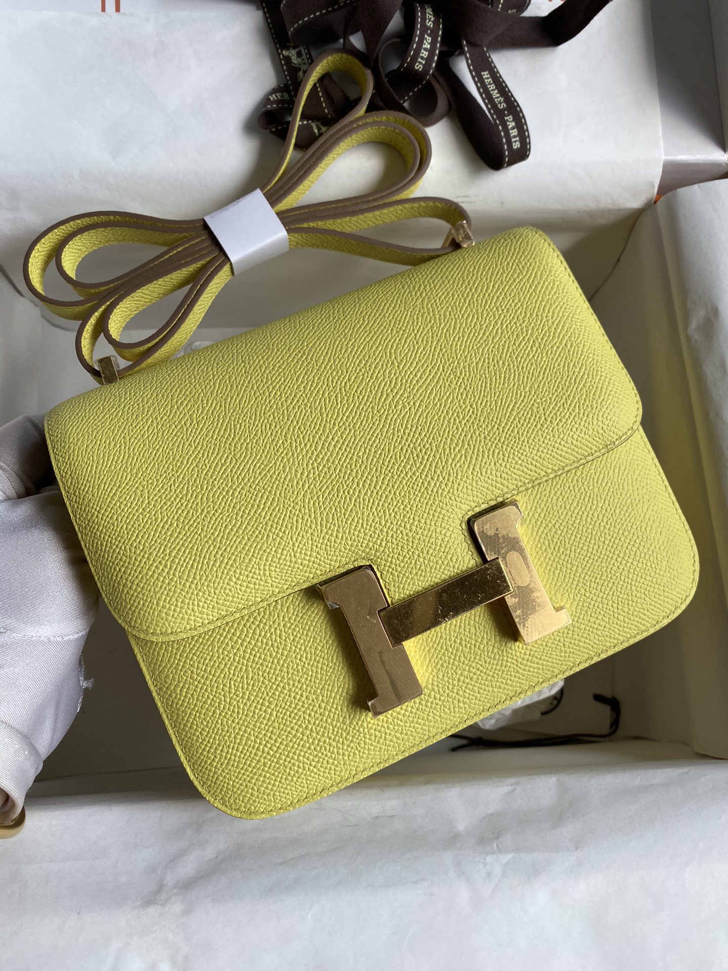 Hermes Constance 18 Mini Shoulder Bag In Jaune Poussin Epsom Leather